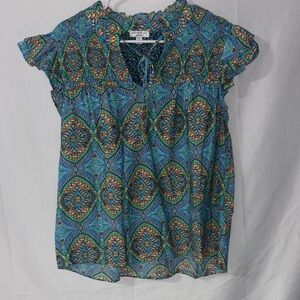 Old Navy Teal and Orange Patterned Blouse